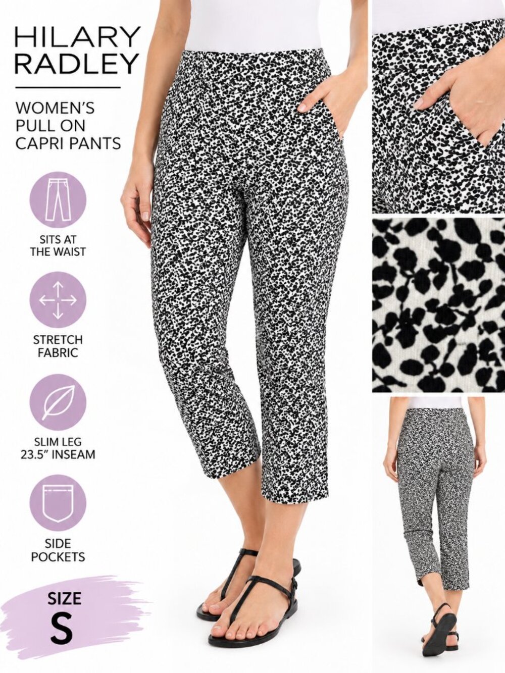 Hilary Radley Women's Slim Leg Capri Pants Black White Tummy Control NWT